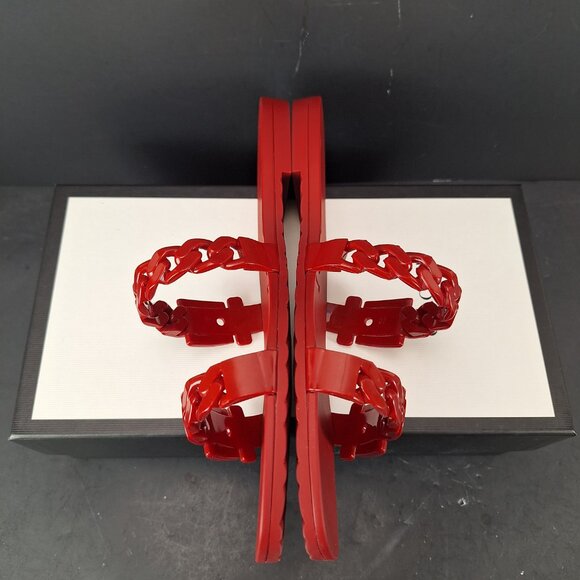 Gucci Rubber Buckle Chain Slide Sandals Womens Size 40 Hibiscus Red - Picture 5 of 14